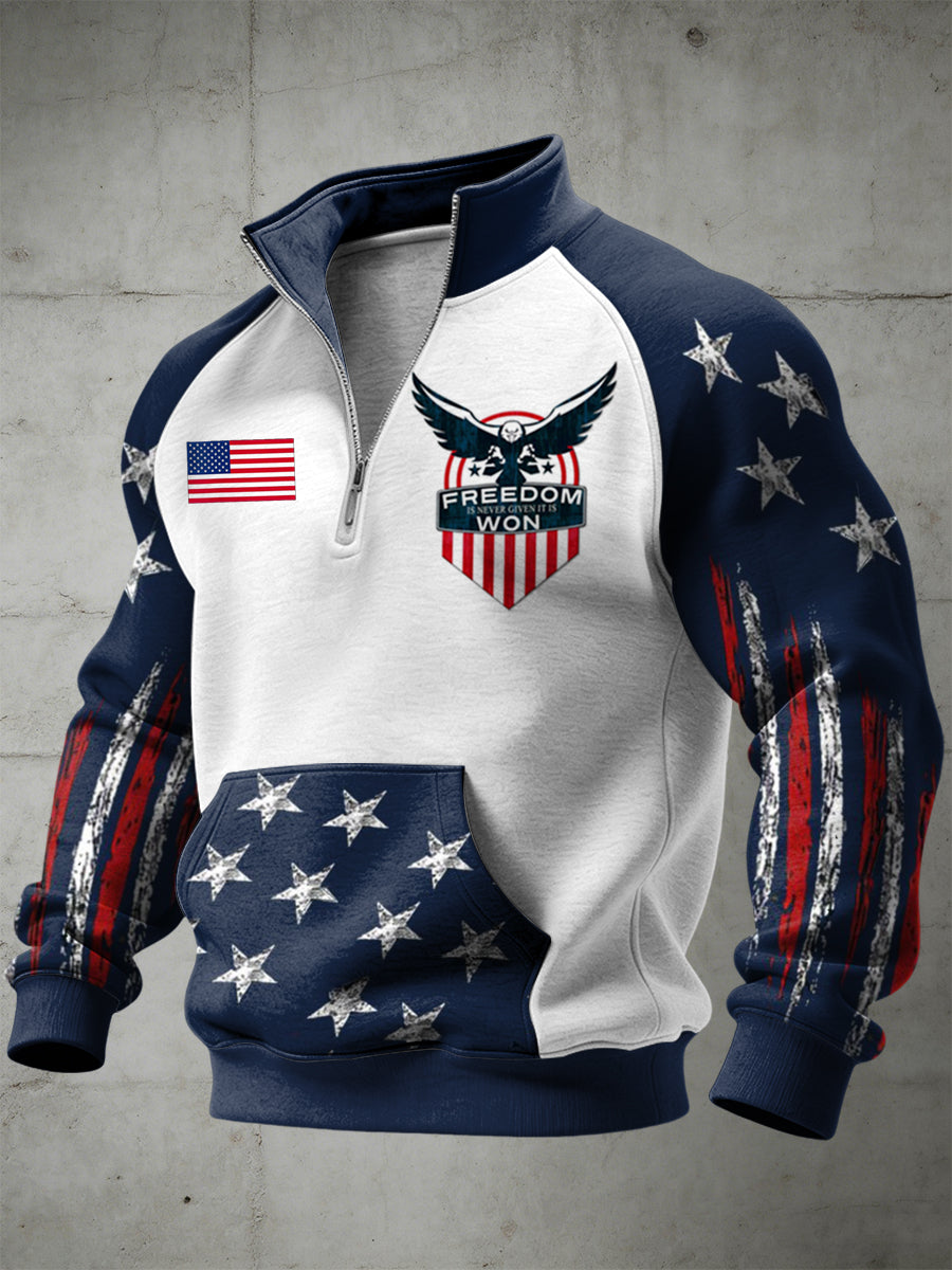 Men's American Freedom Printed Half Zip Stand Up Collar With Raglan Sleeves Sweatshirt