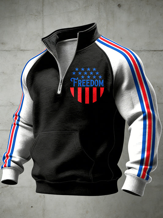 Men's American Freedom Printed Half Zip Stand Up Collar With Raglan Sleeves Sweatshirt