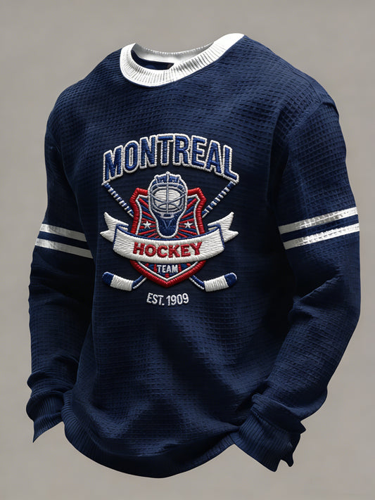 Retro Canadian Hockey Emblem Sports Casual Waffle Weave T-Shirt