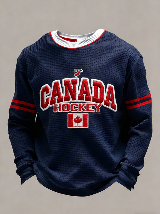 Retro Canadian Hockey Flag Patch Casual Waffle Weave T-Shirt