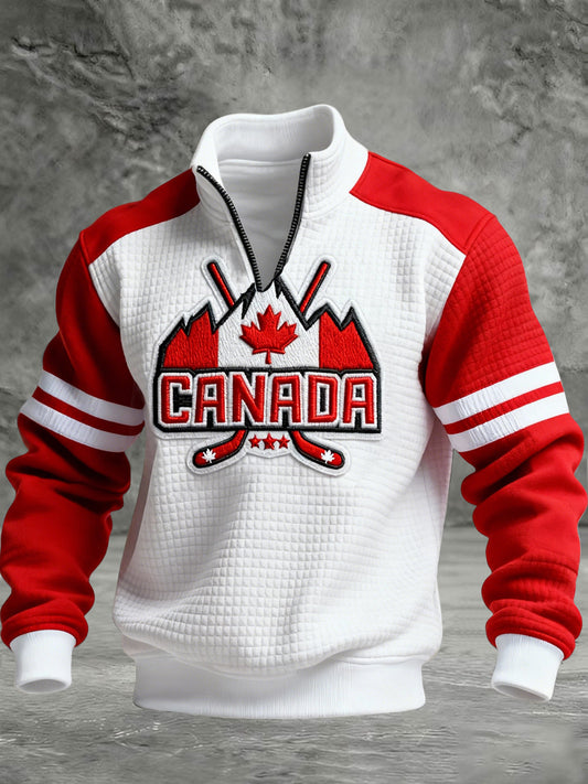 Retro Canadian Hockey Flag Maple Leaf Zipper Waffle Knit Pullover