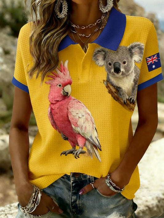 Women's Vintage Happy Australia Day Flag Badge Casual Print Short-Sleeve Polo Shirt