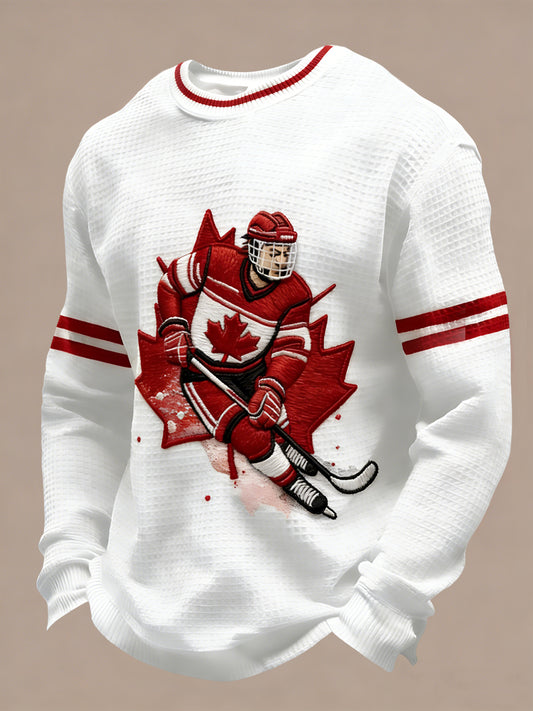 Retro Canadian Hockey Player Athletic Waffle-Weave T-Shirt