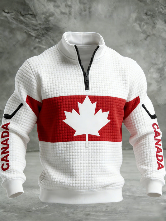 Retro Canadian Hockey Maple Leaf Casual Waffle-Weave Pullover