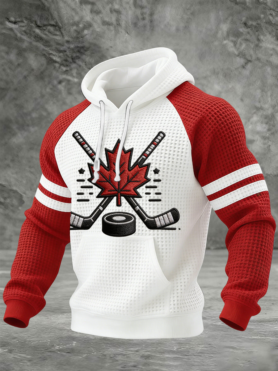 Retro Canadian Hockey Enthusiast Casual Waffle Hoodie