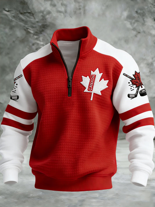 Retro Canadian Hockey Maple Leaf Emblem Casual Waffle-Weave Pullover