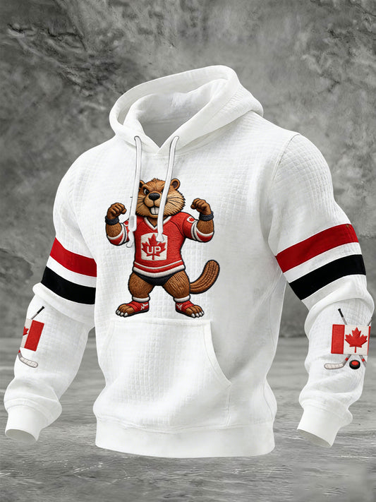 Retro Canadian Beaver Hockey Casual Waffle Hoodie