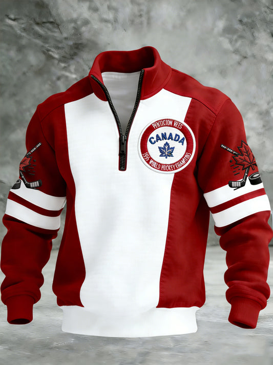 Retro Canadian Hockey Enthusiast Casual Waffle-Weave Pullover