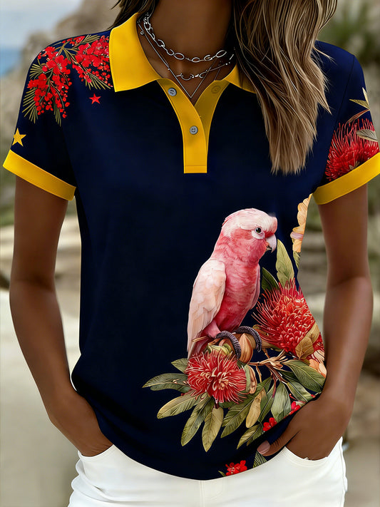 Women's Vintage Happy Australia Day Flag Badge Casual Print Short-Sleeve Polo Shirt