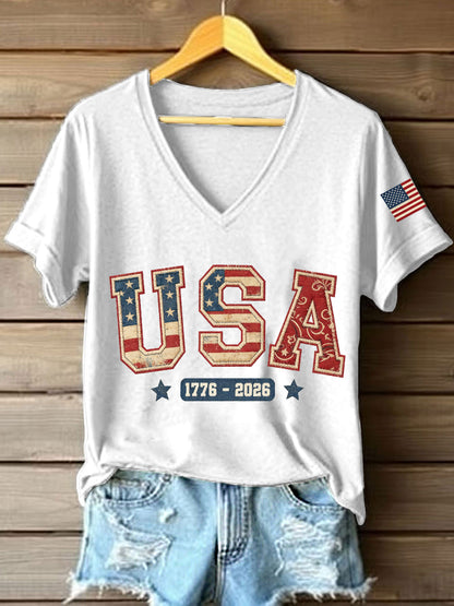 Women's USA 1776-2026 Patchwork Pattern V-Neck T-Shirt