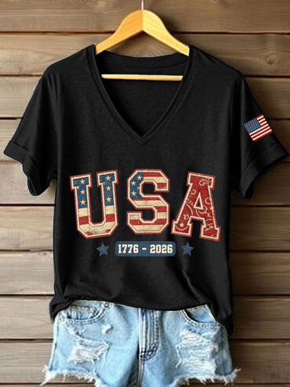 Women's USA 1776-2026 Patchwork Pattern V-Neck T-Shirt