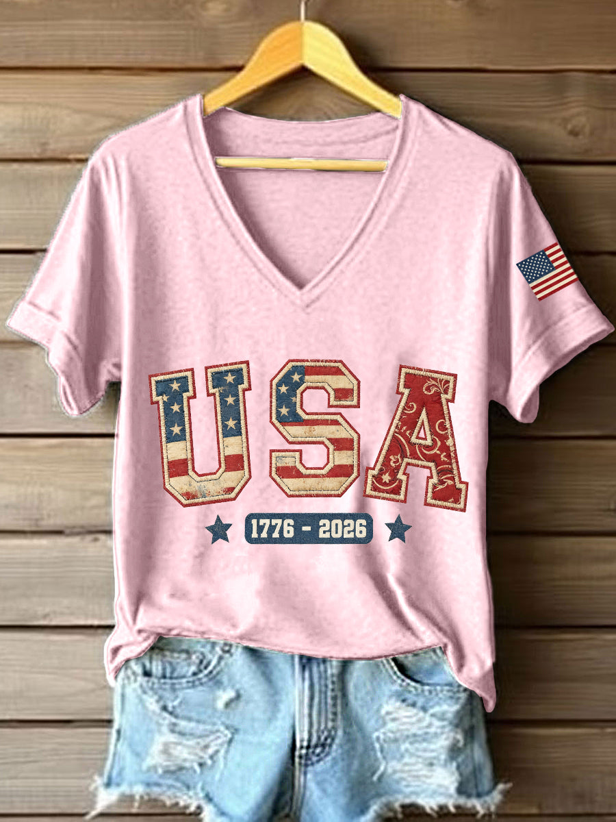 Women's USA 1776-2026 Patchwork Pattern V-Neck T-Shirt
