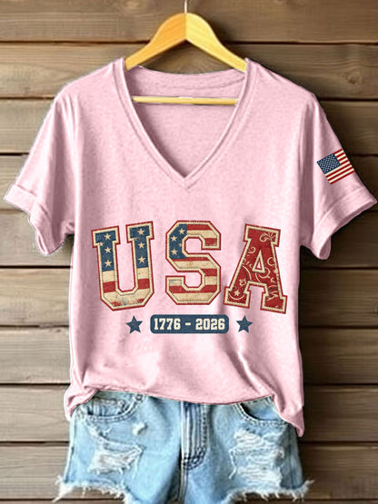 Women's USA 1776-2026 Patchwork Pattern V-Neck T-Shirt