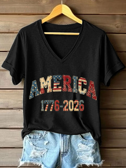 Women's America 1776-2026 Patchwork Pattern V-Neck T-Shirt