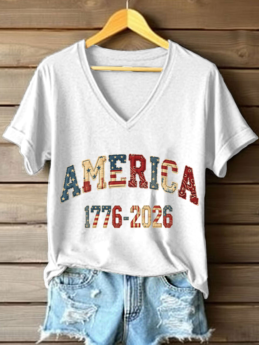 Women's America 1776-2026 Patchwork Pattern V-Neck T-Shirt