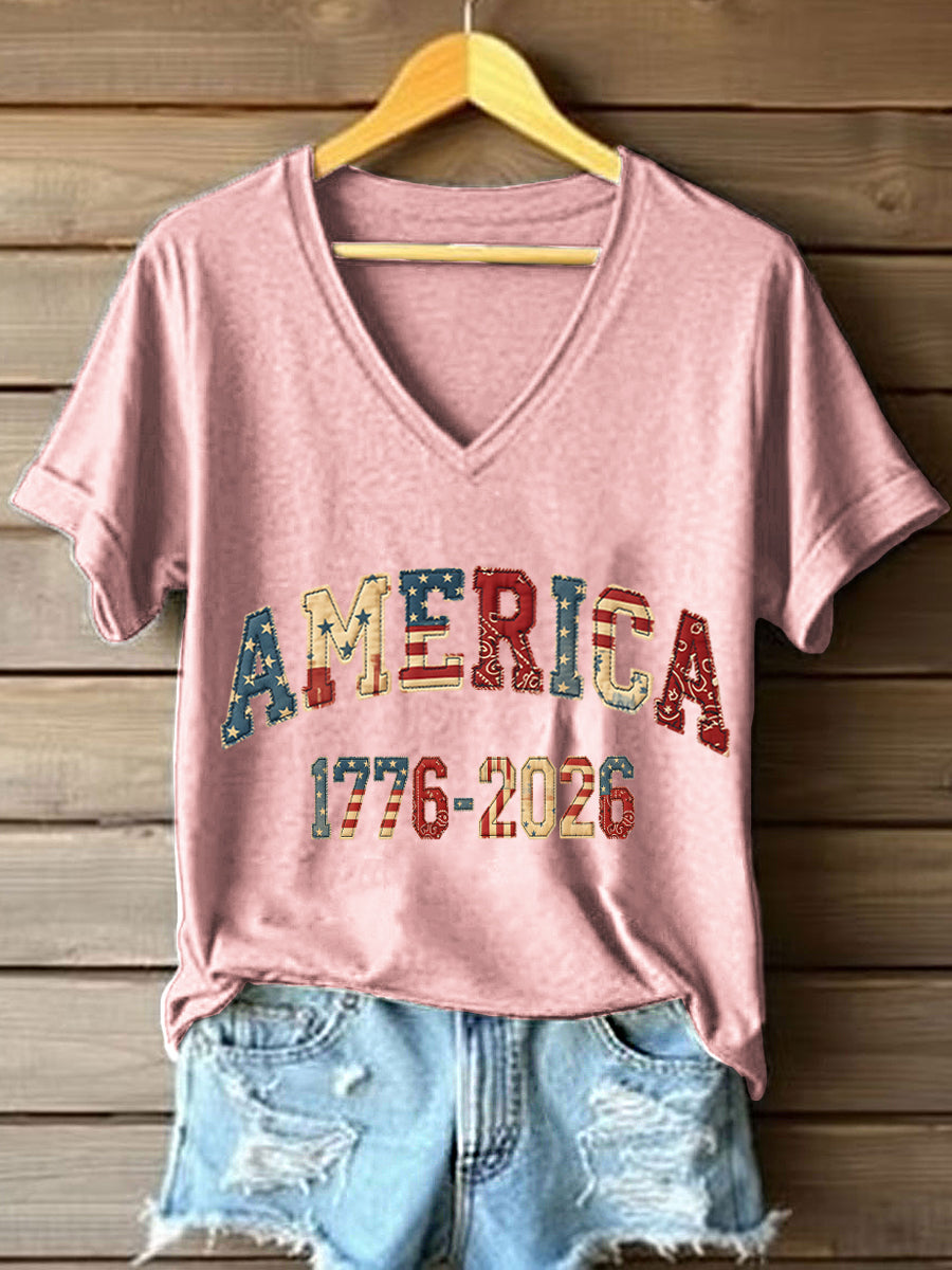 Women's America 1776-2026 Patchwork Pattern V-Neck T-Shirt