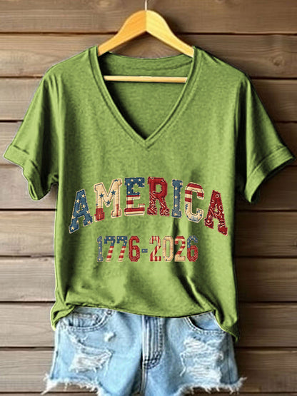 Women's America 1776-2026 Patchwork Pattern V-Neck T-Shirt