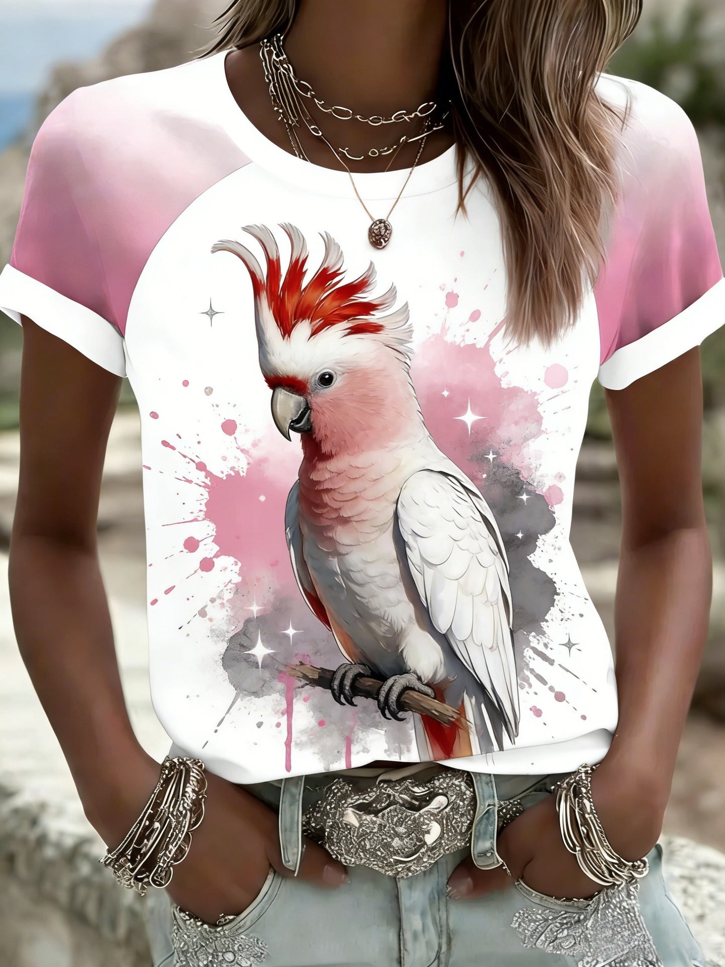 Women's Vintage Aussie Cute Pink Cockatoo Casual Comfortable Short Sleeve T-Shirt