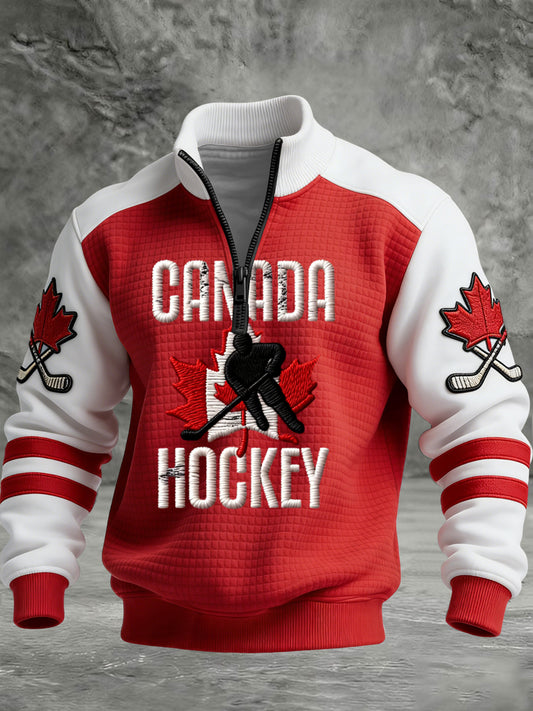 Retro Canadian Hockey Flag Casual Waffle-Weave Pullover