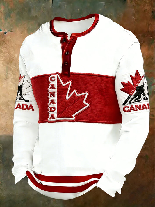 Retro Canadian Hockey Maple Leaf Casual Henley Shirt