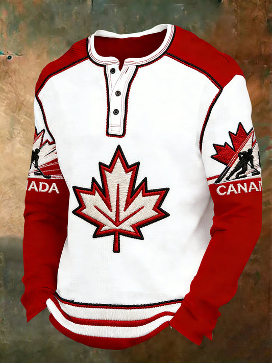 Retro Canadian Maple Leaf Hockey Patchwork Casual Henley Shirt