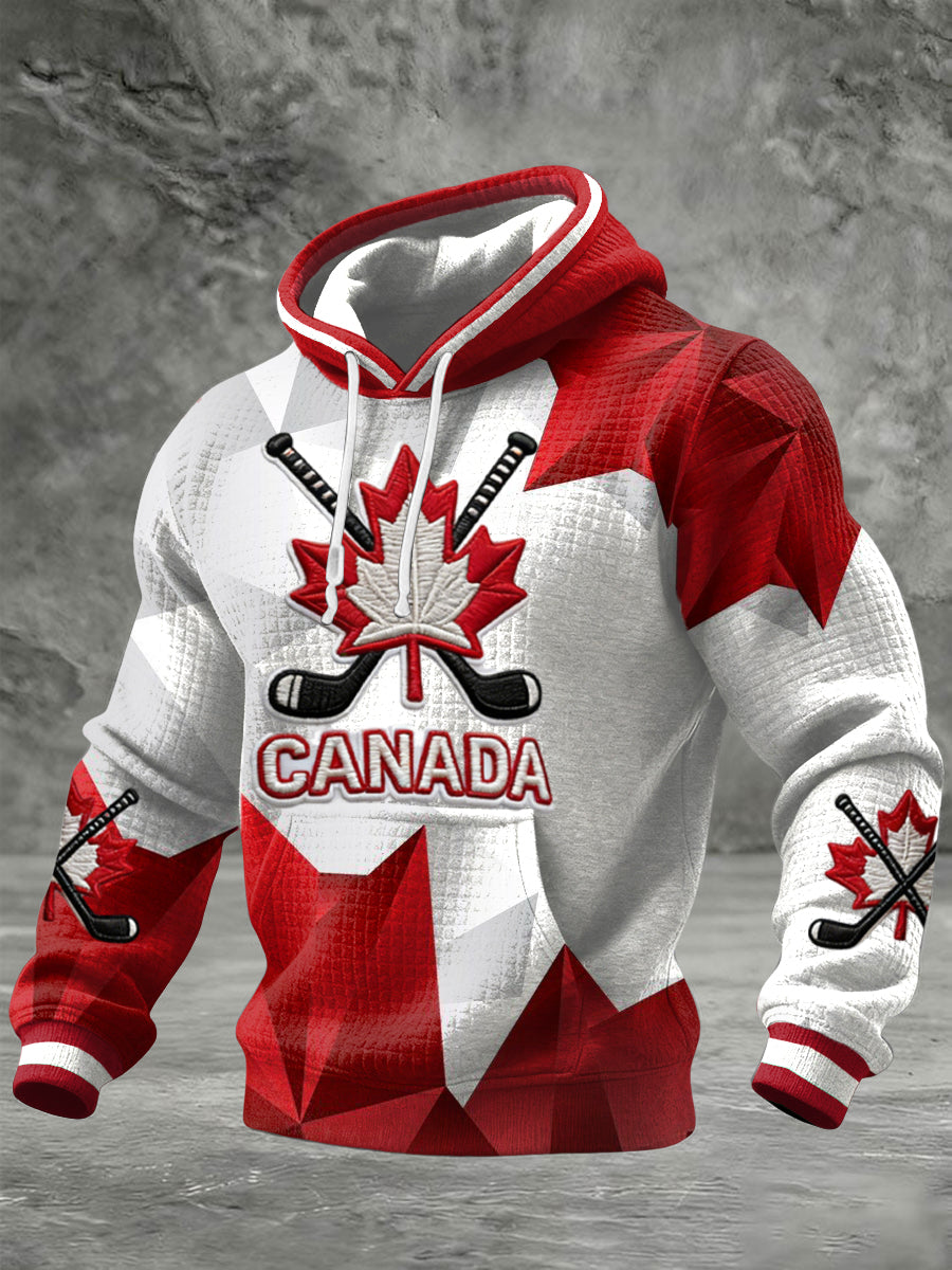 Retro Canadian Hockey Maple Leaf Patchwork Casual Waffle Hoodie