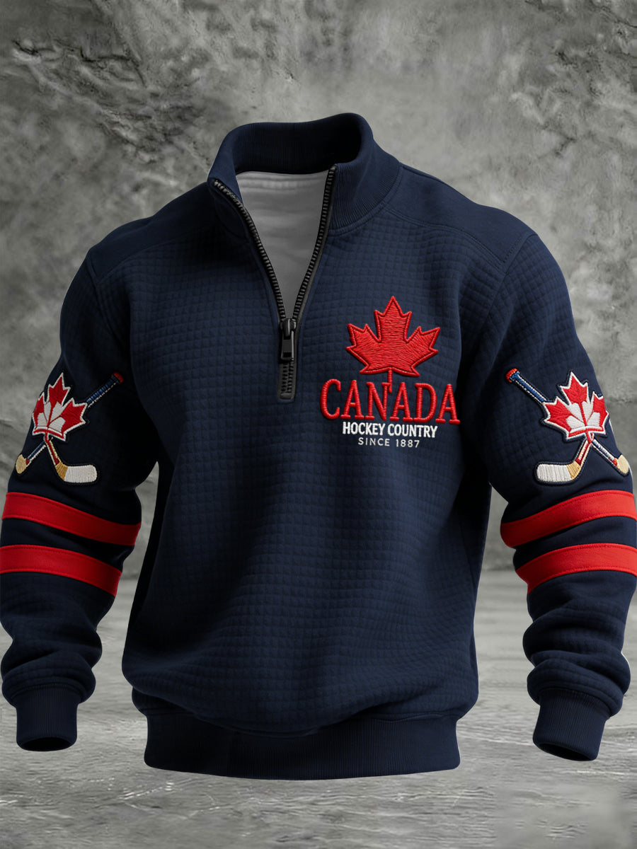 Retro Canadian Hockey Emblem Casual Waffle-Weave Pullover