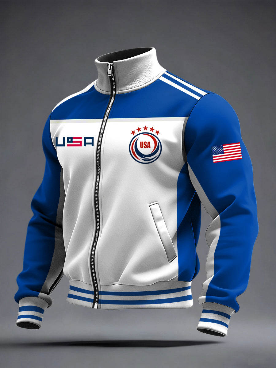 Men's US Printed long Sleeved Zipper Stand Up Collar Jacket