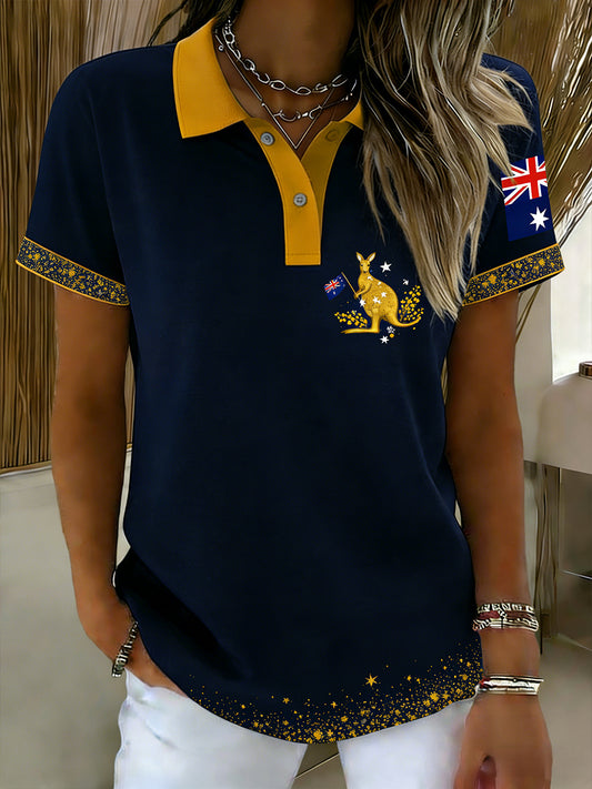 Women's Vintage Happy Australia Day Flag Badge Casual Print Short-Sleeve Polo Shirt