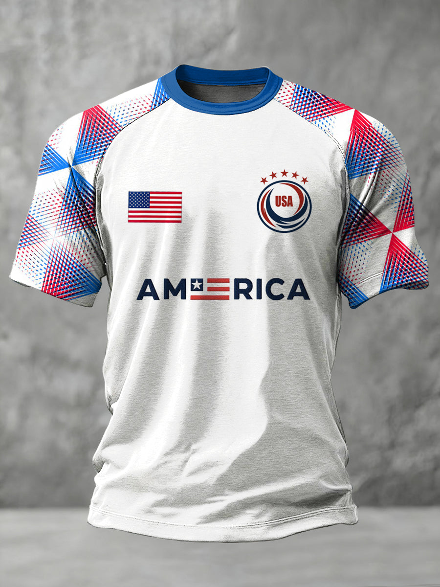 Men's USA Printed Shoulder Inserted Round Neck Short Sleeved T-shirt