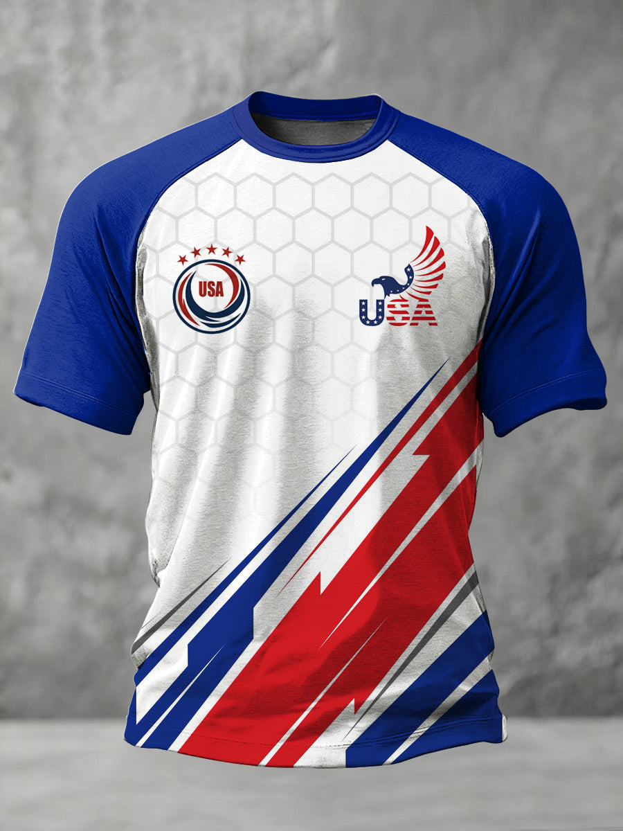 Men's USA Printed Shoulder Inserted Round Neck Short Sleeved T-shirt