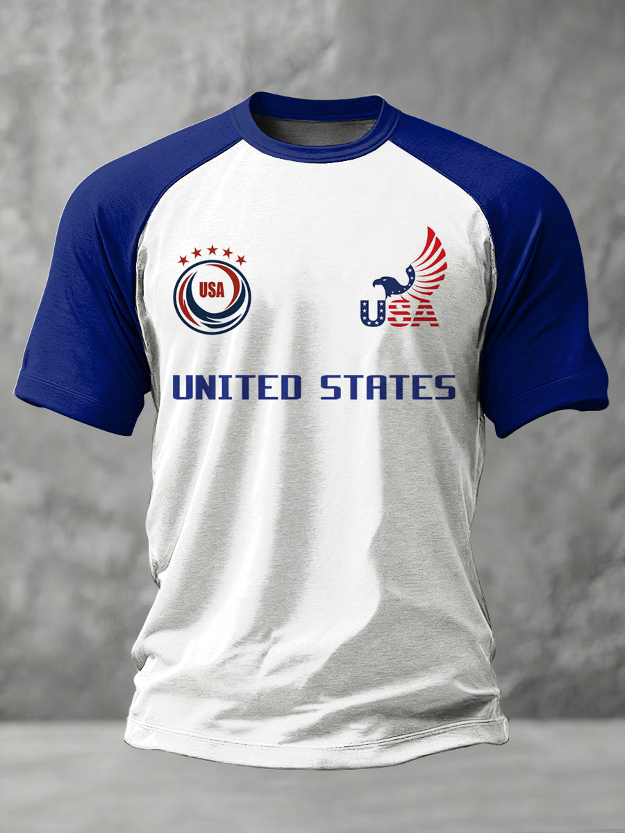 Men's USA Printed Shoulder Inserted Round Neck Short Sleeved T-shirt