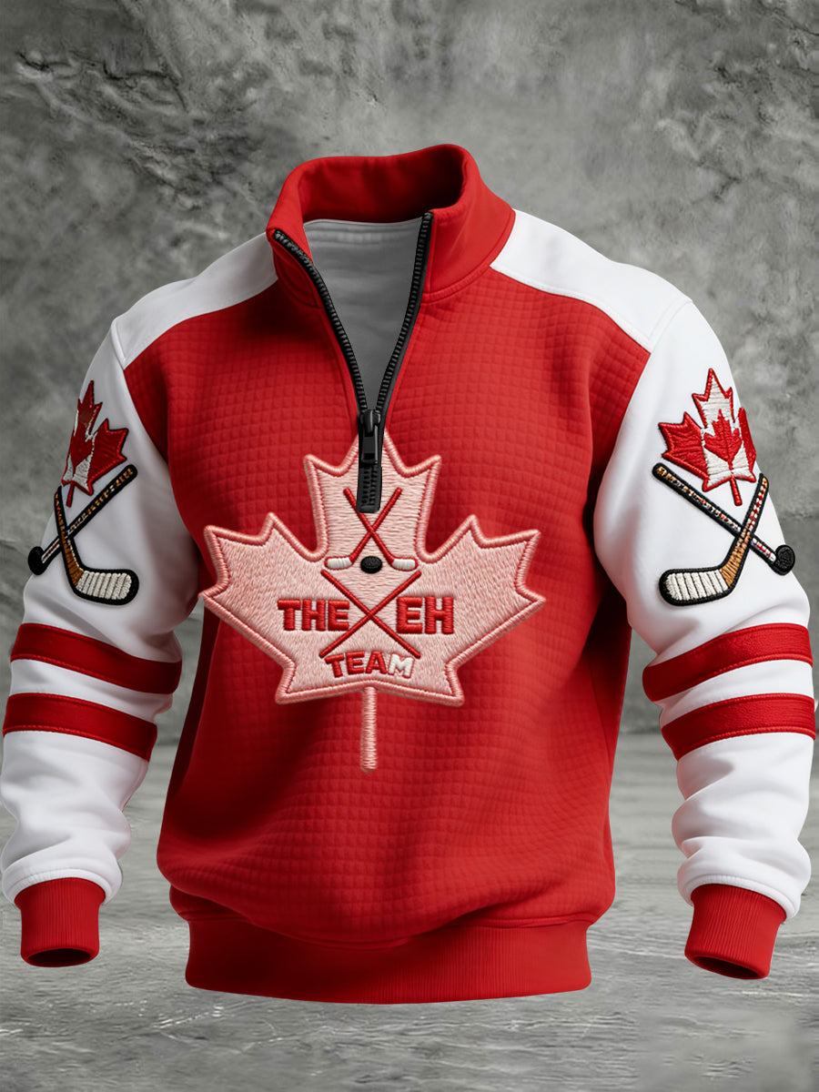 Retro Canadian Hockey Maple Leaf Casual Waffle-Weave Pullover
