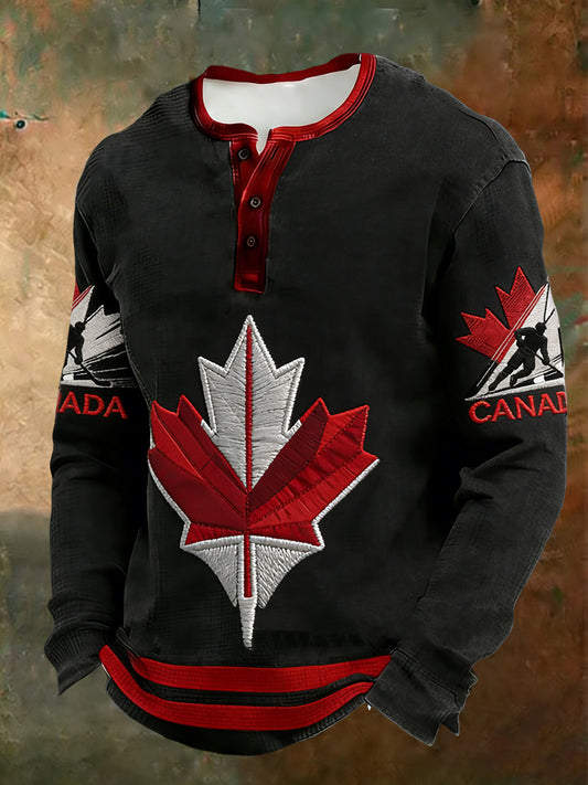 Retro Canadian Hockey Maple Leaf Casual Henley Shirt