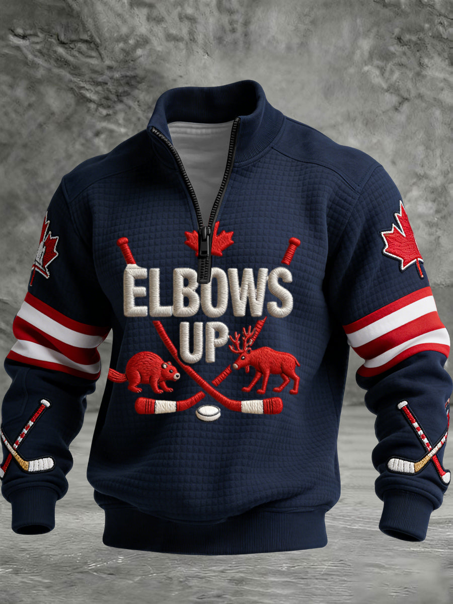 Retro Canadian Hockey Beaver Moose Casual Waffle-Weave Pullover