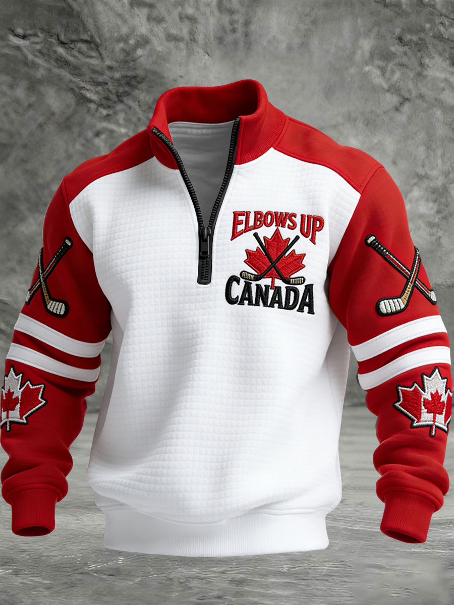 Retro Canadian Hockey Maple Leaf Emblem Casual Waffle-Weave Pullover