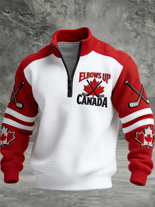 Retro Canadian Hockey Maple Leaf Emblem Casual Waffle-Weave Pullover