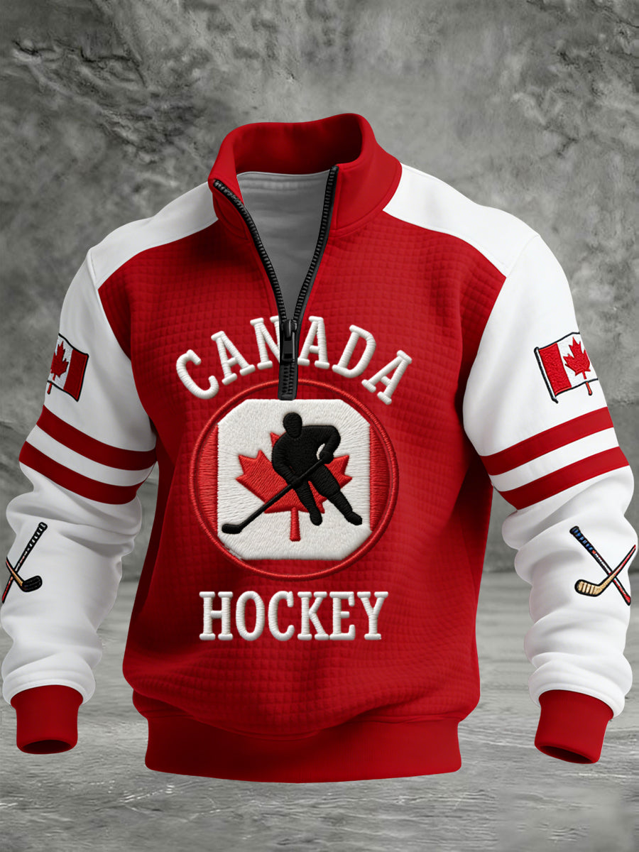 Retro Canadian Hockey Flag Casual Waffle-Weave Pullover