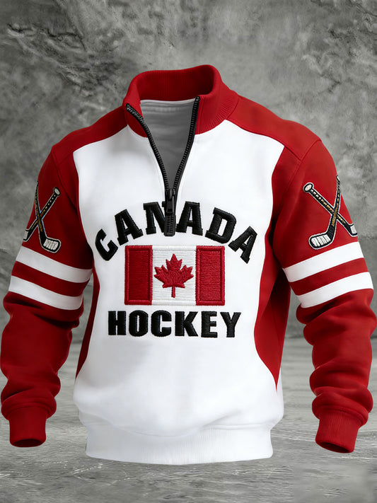 Retro Canadian Hockey Flag Patchwork Casual Waffle Knit Pullover