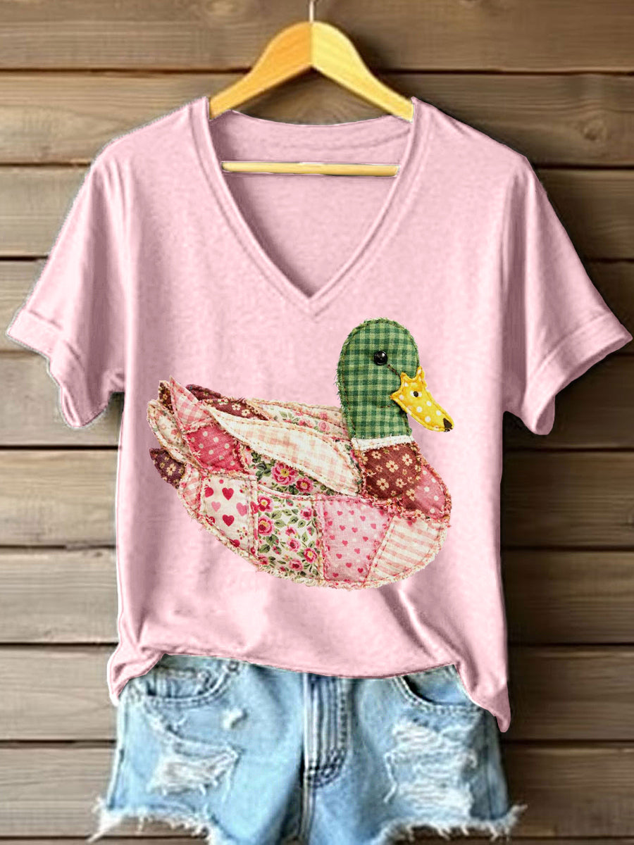 Women's Vintage Patchwork Mallard Duck Pattern V-Neck T-Shirt