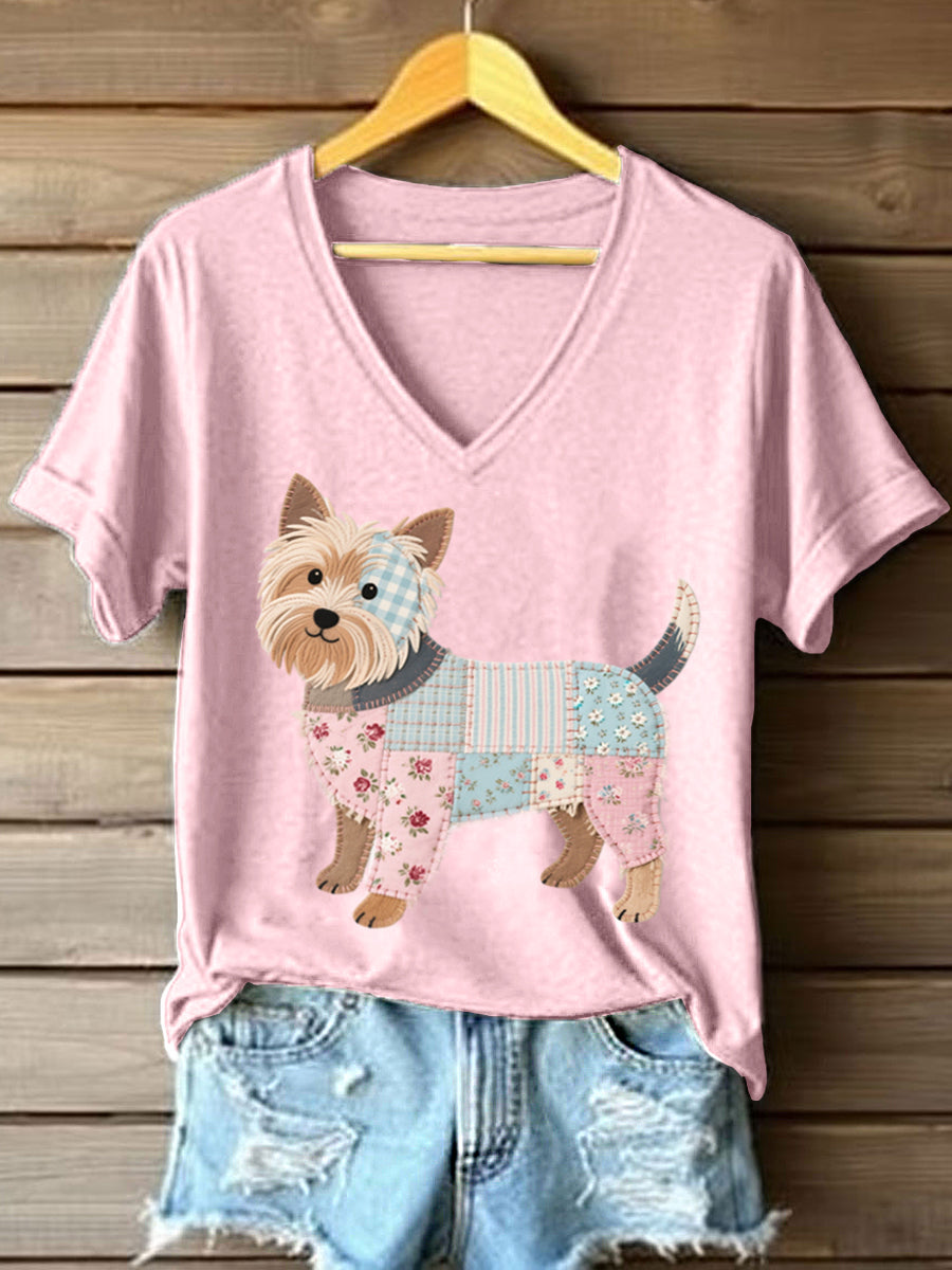 Women's Patchwork Art Yorkshire Terrier Pattern V-Neck T-Shirt