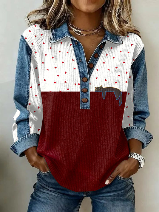 Women's Retro Cat Print Casual Long-Sleeve Top