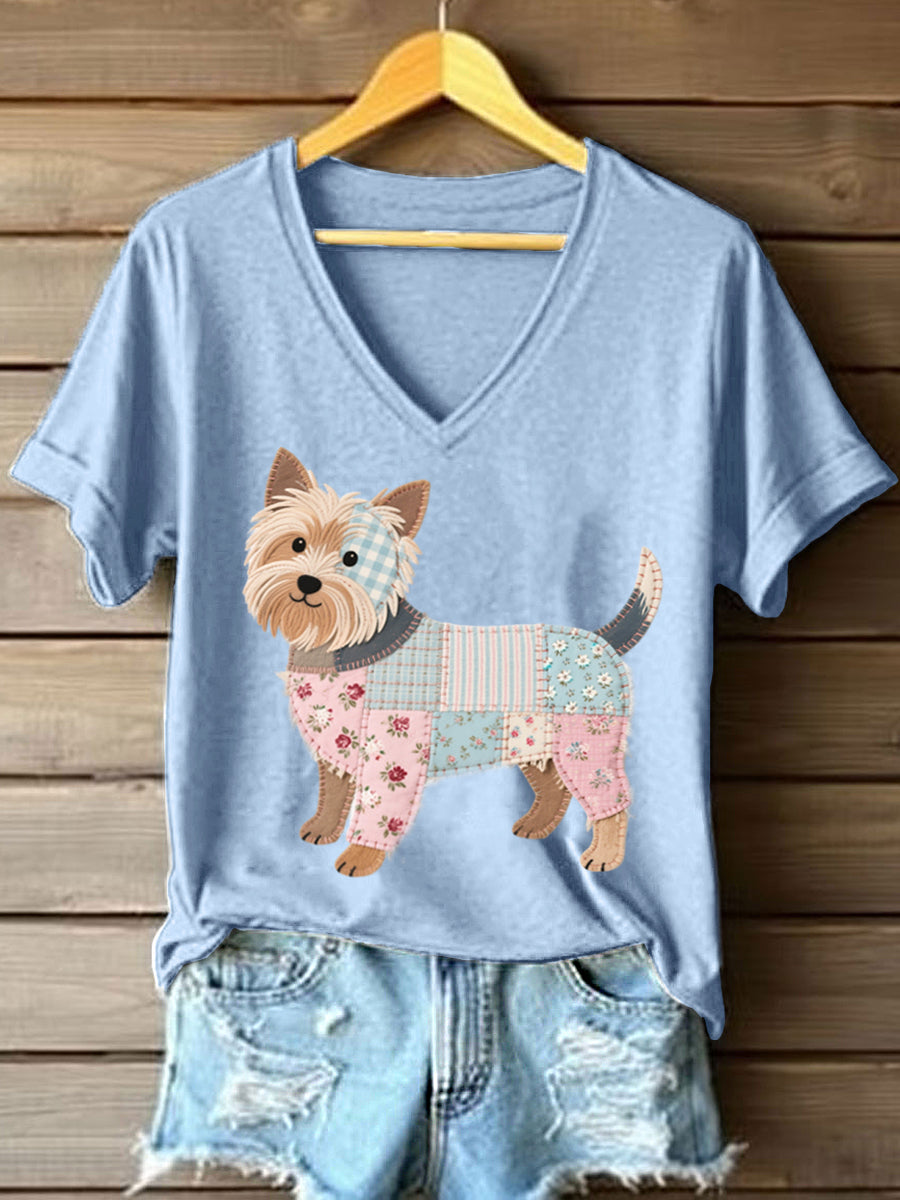 Women's Patchwork Art Yorkshire Terrier Pattern V-Neck T-Shirt