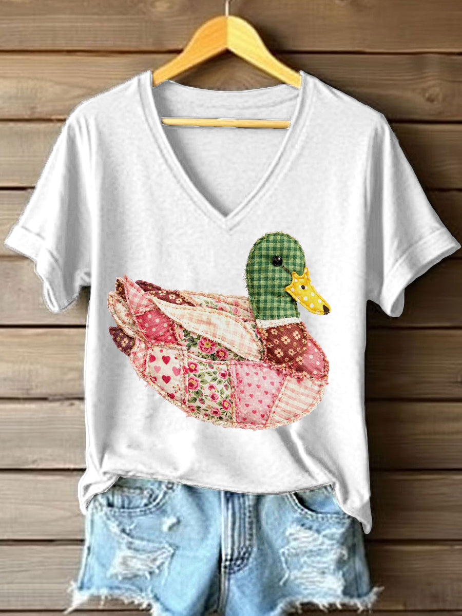 Women's Vintage Patchwork Mallard Duck Pattern V-Neck T-Shirt