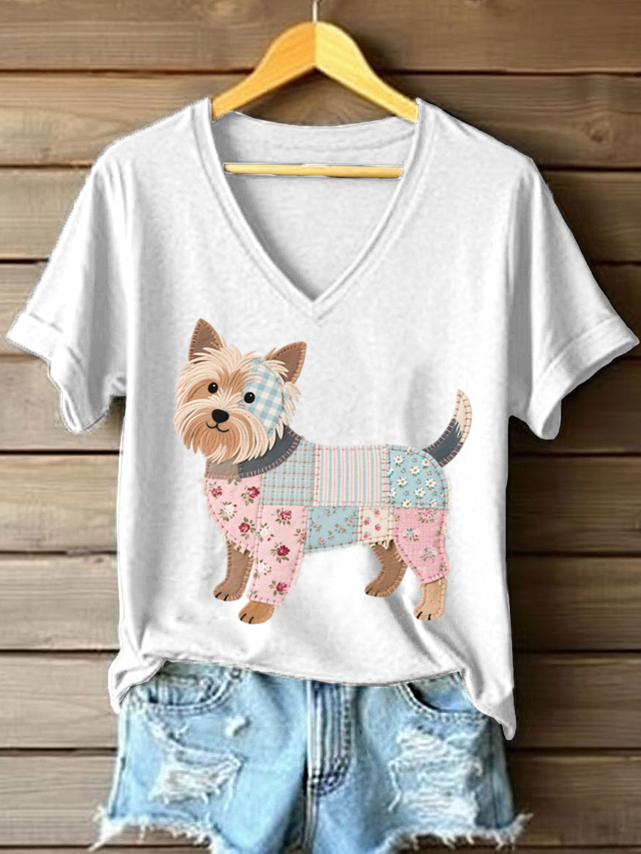 Women's Patchwork Art Yorkshire Terrier Pattern V-Neck T-Shirt