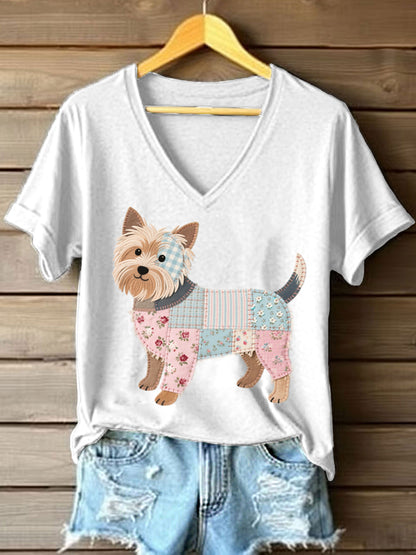 Women's Patchwork Art Yorkshire Terrier Pattern V-Neck T-Shirt