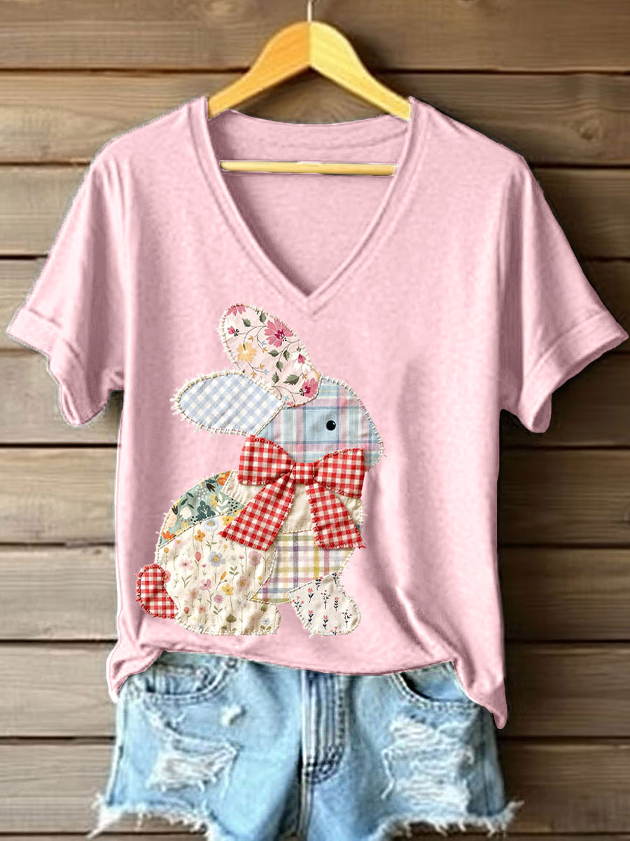 Women's Vintage Patchwork Bunny Pattern V-Neck T-Shirt