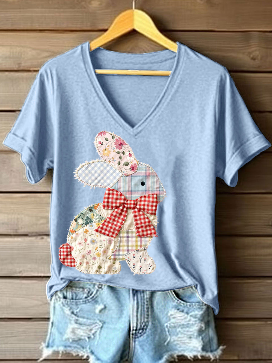 Women's Vintage Patchwork Bunny Pattern V-Neck T-Shirt