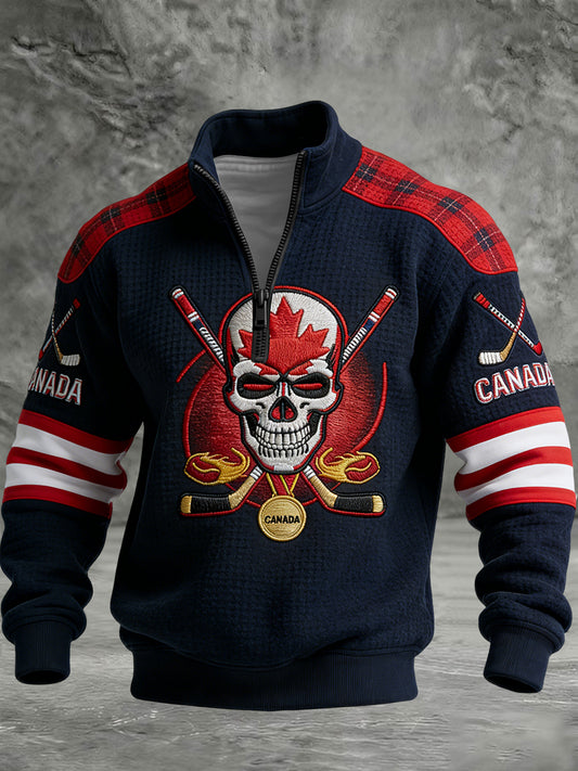 Retro Canadian Hockey Team Patchwork Casual Waffle Knit Pullover