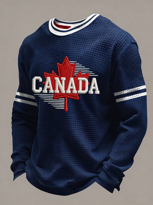 Retro Canadian Hockey Maple Leaf Casual Waffle-Weave T-Shirt